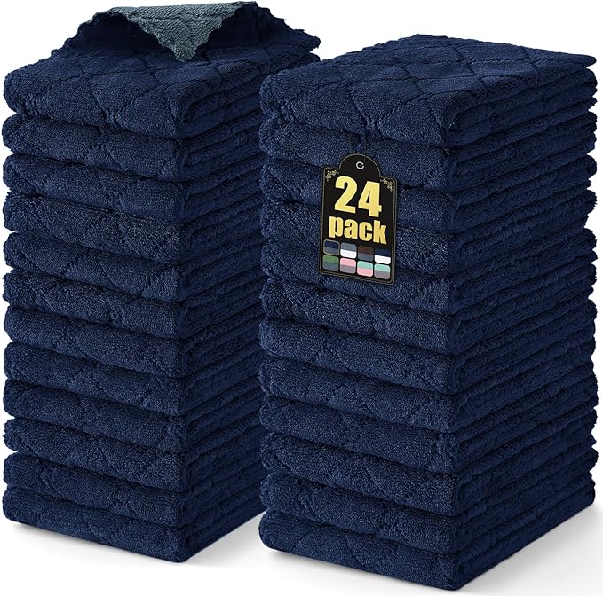 Mordimy 24 Pack Kitchen Towels (20" x 10", Dark Grey & Navy Blue), Super Soft and Absorbent Dish Towels, Coral Velvet Microfiber Cleaning Cloth, Nonstick Oil Fast Dry Dish Cloths