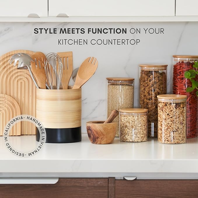 Handcrafted Bamboo Kitchen Utensil Organizer for Countertop, Modern Large Utensil Holder