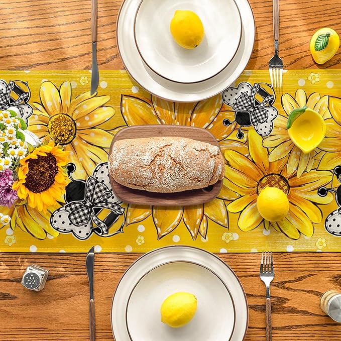 Artoid Mode Sunflower Bee Flower Polka Dot Summer Table Runner, Seasonal Kitchen Dining Table Decoration for Indoor Party Home 13x36 Inch