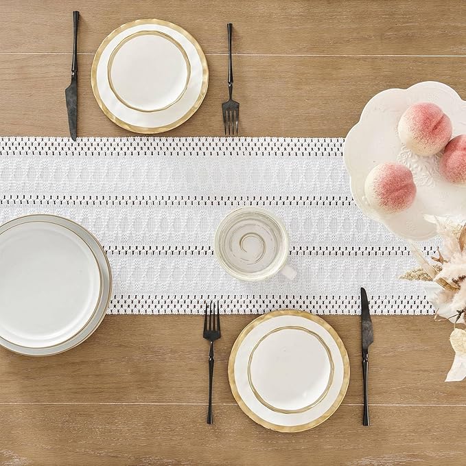 ZeeMart Macrame Style Boho Table Runner, White Table Runners 108 Inches Long, Farmhouse Woven Home Decor, 12x108 Inch, White
