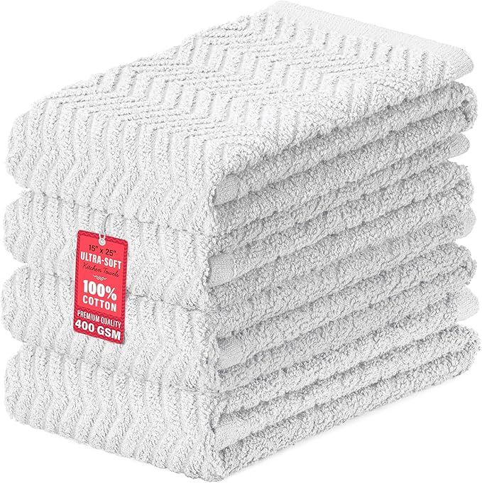 DecorRack 100% Cotton Kitchen Towels, 15" x 25" Absorbent Dish Towels [Premium Quality 400 GSM] White (Pack of 4)