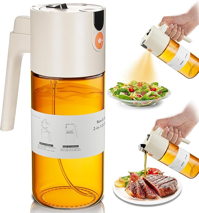 OURCABECUE Upgrade 2 in 1 Oil Sprayer for Cooking, 17oz Light-Blocking Glass Olive Oil Dispenser Bottle for Kitchen,Food-Grade Oil Mister with 8 Stickers for Salad, Frying (Brown Bottle-White Cap)