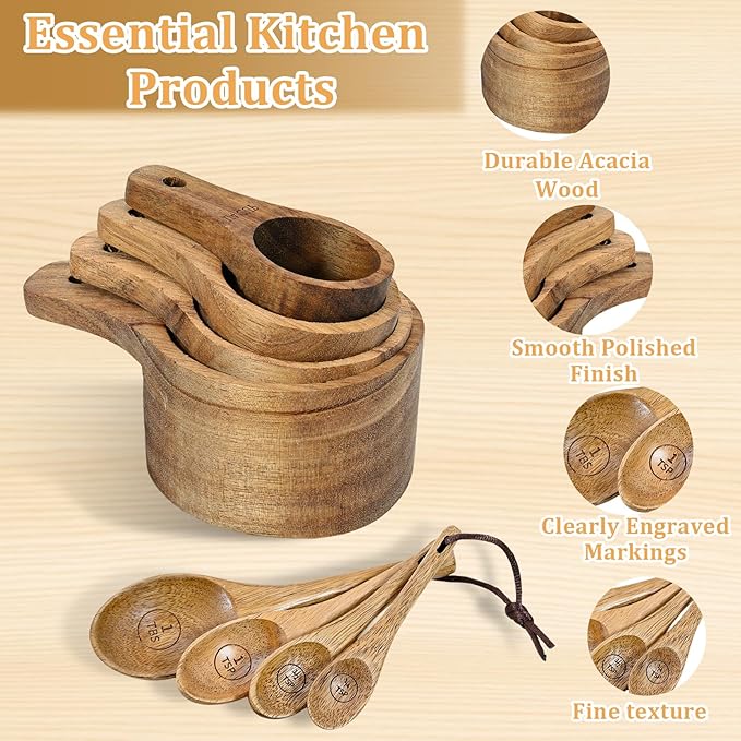Wooden Measuring Cups and Spoons Set - Eco-Friendly Solid Acacia Wood, Laser Engraved Measurements for Precision, Perfect for Baking & Cooking, Ideal Gift for Bakers, Chefs & Home Cooks (Brown)