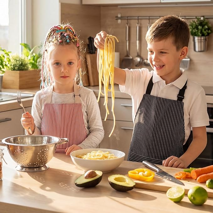 2 Pack Stripes Kids Apron, Kids Cooking Aprons with 2 Pockets, Cute Aprons for Cooking for Boys and Girls