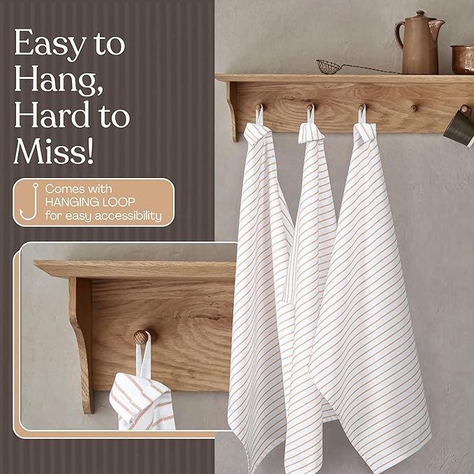 Multi Colors Kitchen Towels 3 Pack, 100% Cotton, Classic Striped Towel Set, Super Absorbent & Durable Dish Cloths, Quick Drying Fabric for Drying Dishes - Beige, Rust, Black