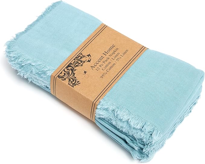 ACCENTHOME Blue Cotton Linen Napkin Set of 12 18x18 inch Dinner Napkins - Washable Soft Premium Hotel Quality Reusable Hemmed Edges Napkins Perfect Table Linens for Family Dinners, Weddings