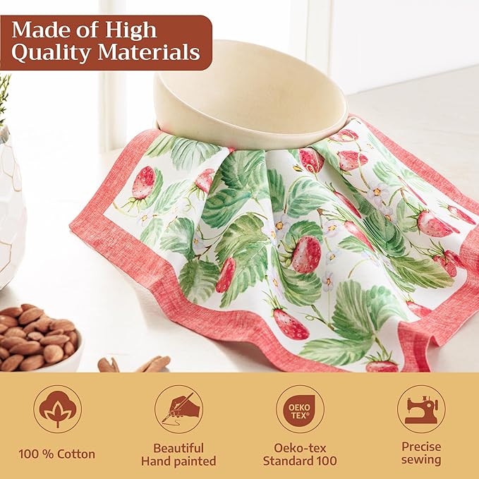 Maison d' Hermine Cloth Napkins Set of 4 100% Cotton Everyday Reusable Square Napkins Cloth Washable Dinner Wedding Restaurant Gifts for Mothers Day Spring/Summer (Strawberry Summer, 18" x 18")