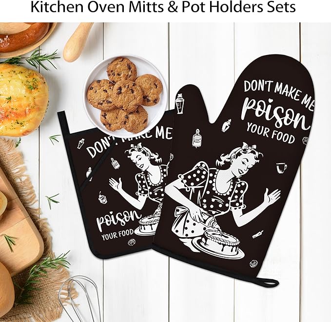 Funny Oven Mitts and Pot Holders Sets Black Kitchen Accessories Cute Kitchen Decor Funny House Warming Gifts Heat Resistant Cooking Baking Gifts for Women (Black, Oven Mitts & Pot Holders)
