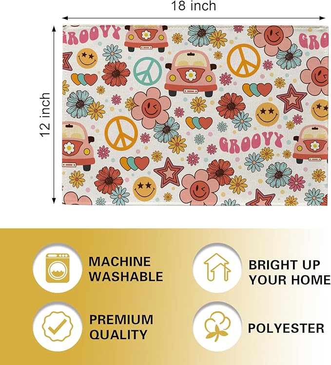Groovy Hippie Daisy Flower Placemats Set of 4, Vintage Bus Floral Peace Love Hearts Dining Place Mats Table Decor, Retro Smiley Face Home Kitchen Decoration 12''x18''