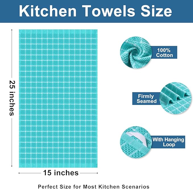 Homaxy 100% Cotton Kitchen Towels 6 Pack-15 X 25 Inches, Check Design Waffle Weave Hand Tea Towels, Super Soft and Absorbent Dish Towel for Drying Dishes, Aqua