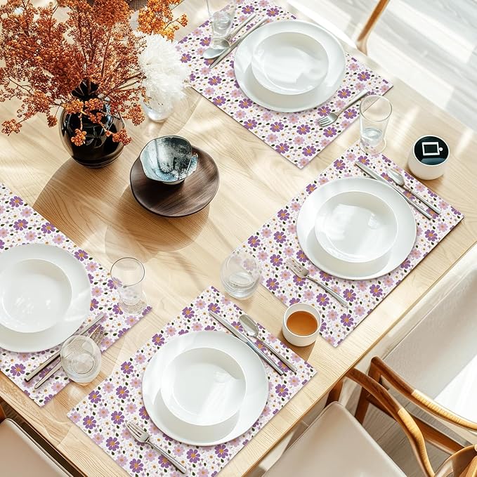 Cotton Linen Waterproof Placemats Set of 4, Purple Floral Dining Mat Table Mats Decor Fabric for Kitchen Dinner Coffee Shop Table, Outdoor/Indoor Washable Wipeable Placemat -N031