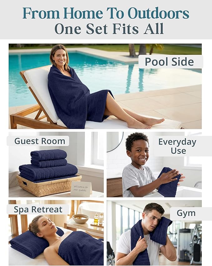 Casa Platino Luxury Cotton Bath Towel Set - 12 PCs - Low Twist, Soft & High Absorbency - 4 Bath, 4 Wash Cloth, 4 Hand Towels - Classic Hotel Quality, Durable & Ideal for Modern Bathrooms - Navy Blue