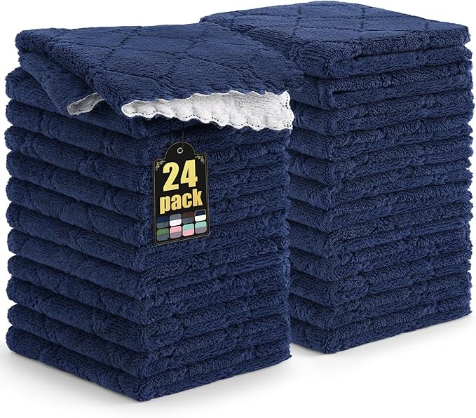 Mordimy 24 Pack Kitchen Cloths Dish Towels (10" x 10", Navy Blue & White), Super Soft and Absorbent Dish Cloths, Coral Velvet Microfiber Cleaning Cloth, Nonstick Oil Fast Dry Dishcloths