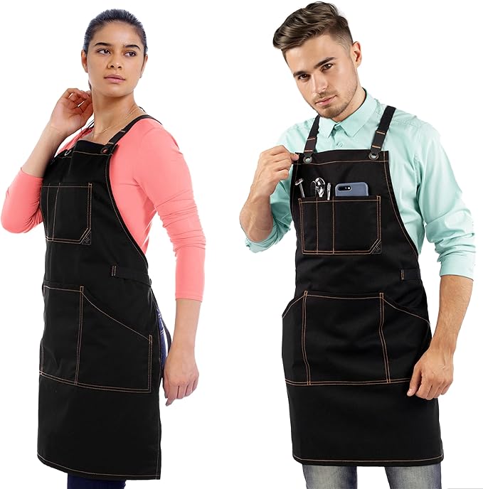 Under NY Sky Essential Deep Black Apron – Cross-Back with Durable Twill and Leather Reinforcement – Adjustable for Men and Women – Pro Chef, Tattoo Artist, Baker, Barista, Bartender, Server Aprons