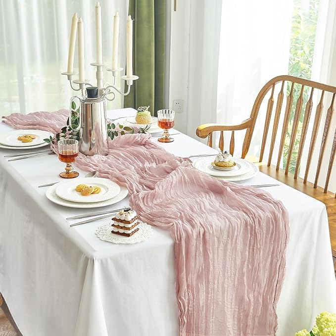 IVAPUPU 2 Pcs Cheesecloth Table Runner - 10ft Dusty Pink Boho Gauze Cheese Cloth Table Runners for Baby Shower Decorations Wedding Party Spring Garden Farmhouse