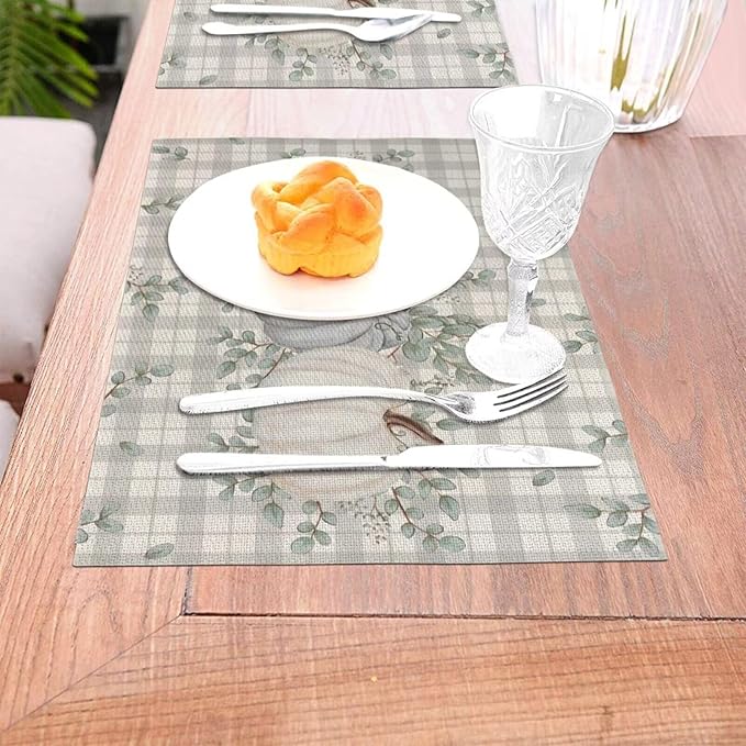 Fall Pumpkin Thanksgiving Placemats 12x18 Set of 4, Blue Pumpkin Buffalo Plaid Table Place Mat Autumn Watercolor Harvest Washable Table Mats Decorative Linen Fabric Table Mat for Dining Table