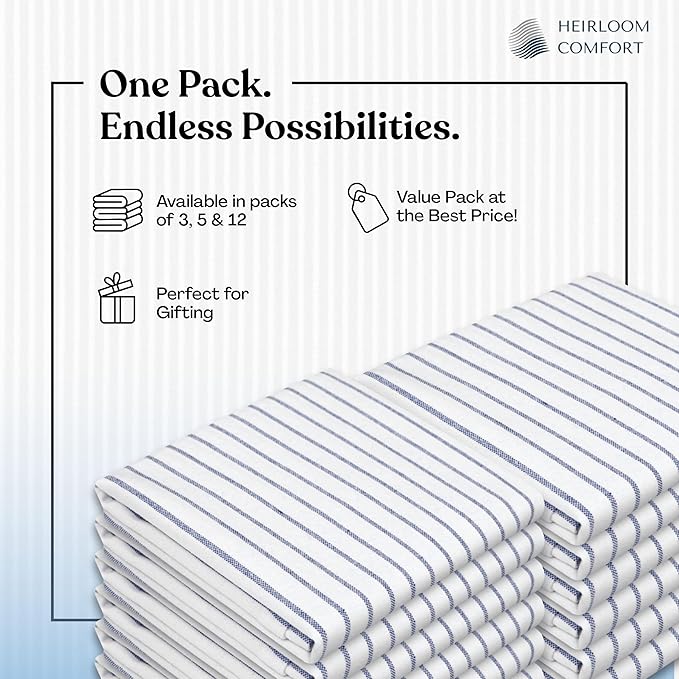 Indigo Blue Stripe Kitchen Towels, 5 Pack, 100% Cotton, Super Absorbent and Quick Dry, Classic Striped Towel Set, Durable Dish Cloths for Kitchen Use, Cleaning & Drying Dishes