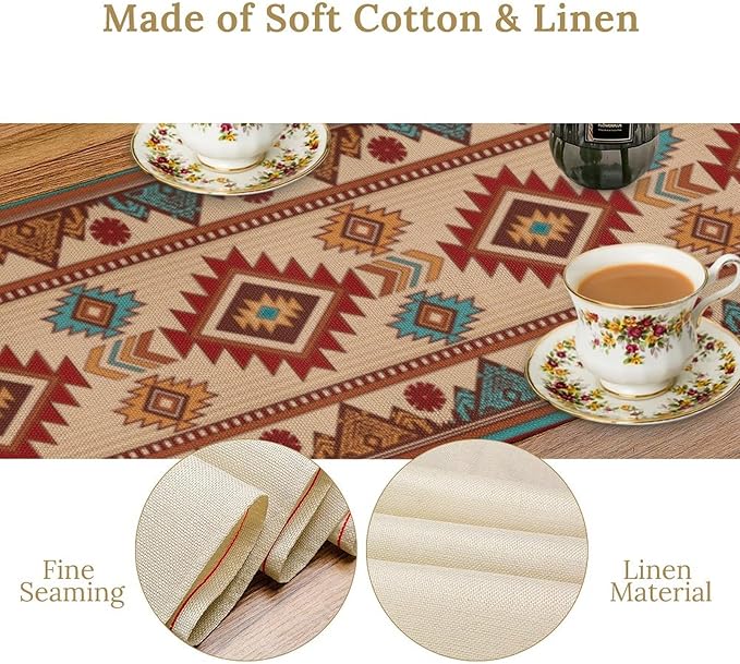Retro Aztec Table Runner Western Native American Tribal Art Printed Runner for Home Kitchen Dining Table Living Room Decor Fabric 1 Panel W13xL90in