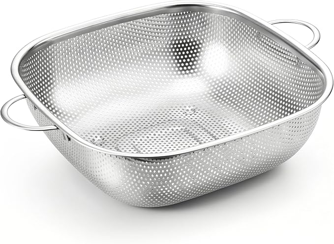 E-far 6QT Stainless Steel Colander with Handle - Square Metal Kitchen Strainer for Pasta & Vegetable Draining, Micro-Perforated & Elevated Feet, Dishwasher Safe