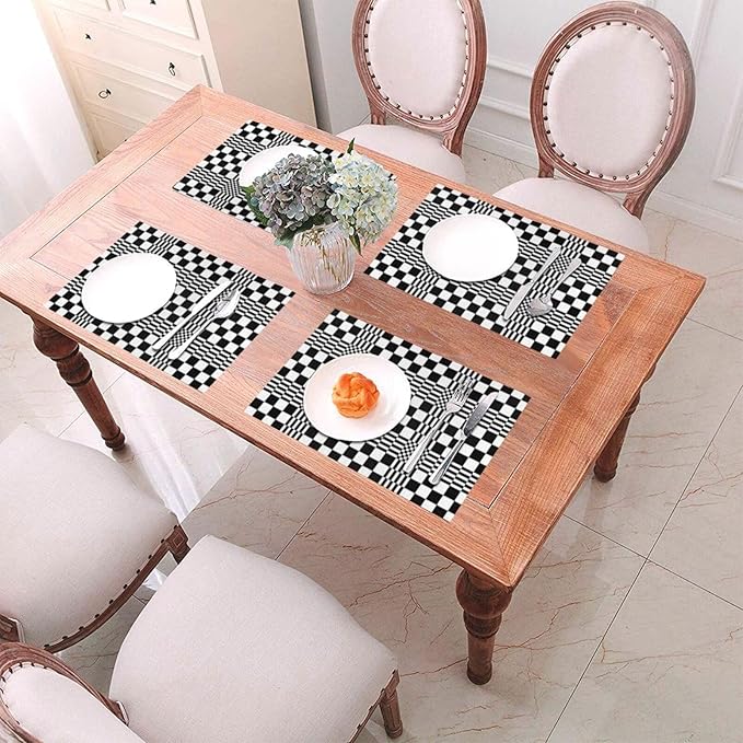 Modern Checkered Linen Placemats Set of 4, Retro Black & White Geometric Patterned Place Mats for Dining Table, Kitchen, Party, 12 x 18 Inch Non-Slip Heat Resistant White Black Table Mats, Home Decor