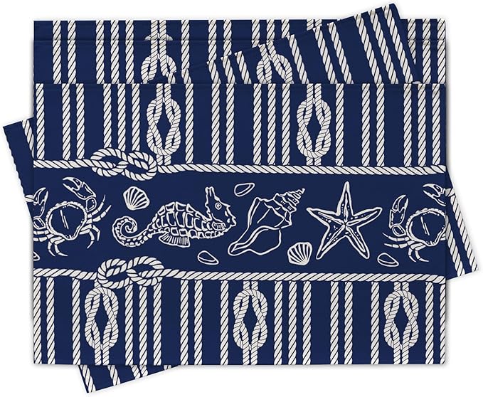 Navy Blue Nautical Placemats Set of 4, Coastal Ropes Starfish Crab Seahorse Sea Shell Conch Dining Place Mats Table Decor, Ocean Marine Life Lake Beach House Home Kitchen Decoration 12''x18''