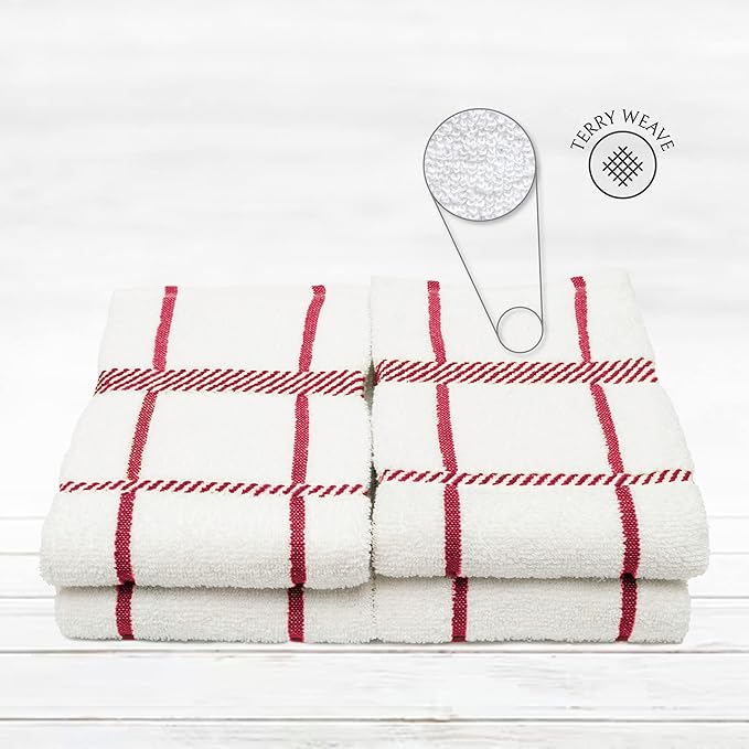 100% Cotton Terry Dish Cloth & Dish Towel (RED, Dish Towel - 4 Pack(Checks))