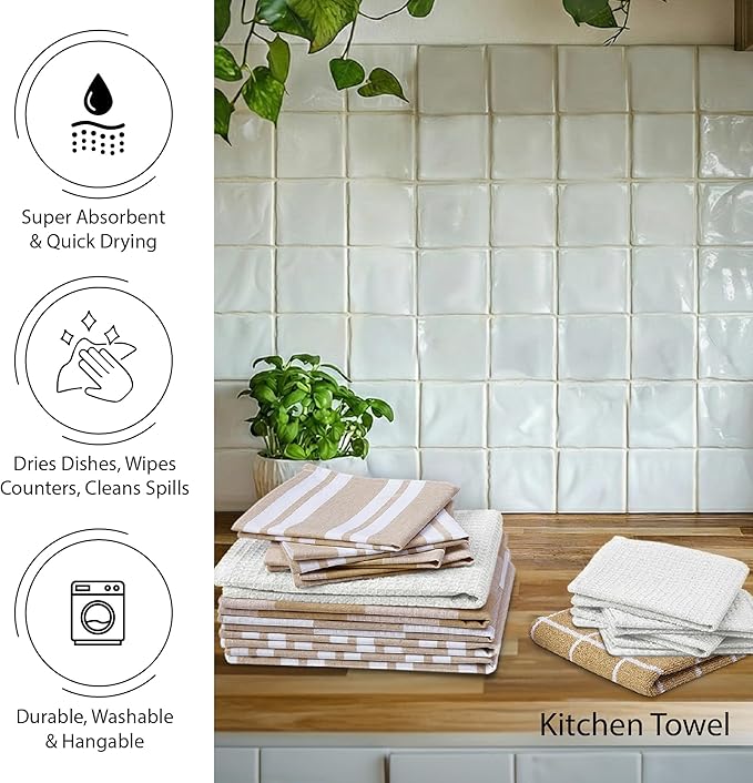 Encasa XO Kitchen Towels and Dishcloths Sets | 21 Pc Apartment Essentials Set | Oven Mitts and Pot Holders with Hanging Loop | Cooking Apron, Dish Cloth, Flour Sack and Coasters Beige Combo