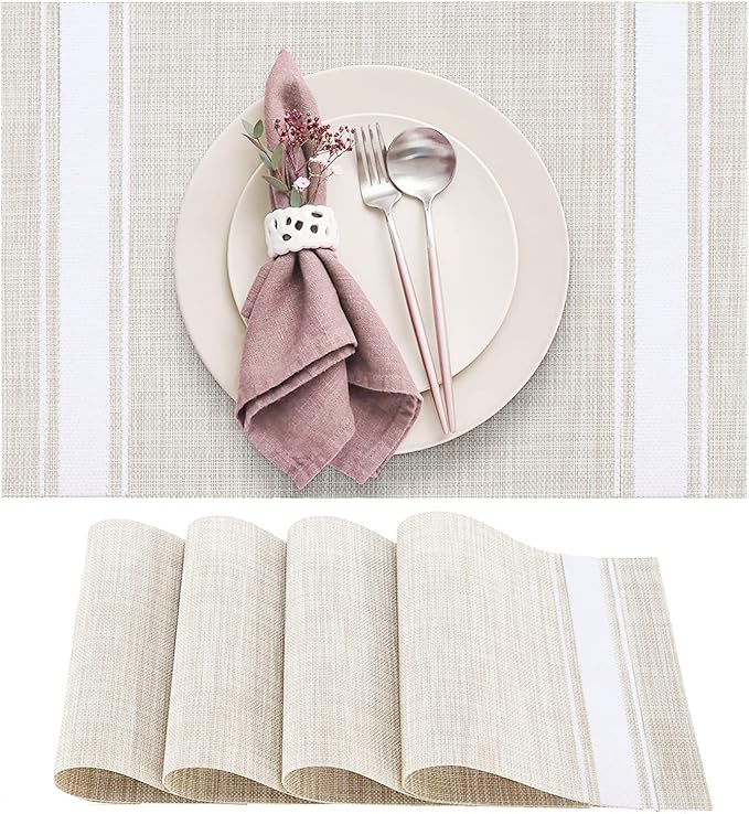 DACHUI Placemats Set of 4, Soft & Elegant Woven Vinyl Place Mats, Water Resistant, Heat Resistant, Washable, Durable Table Mats (White Stripes)