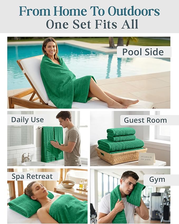 Casa Platino 100% Mercerized Cotton Bathroom Towel Set - 8 Pieces, Hotel Quality - Super Soft & Highly Absorbent - Ring Spun - 2 Large Bath Towels, 4 Washcloths, 2 Hand Towels - Family Pack - Emerald