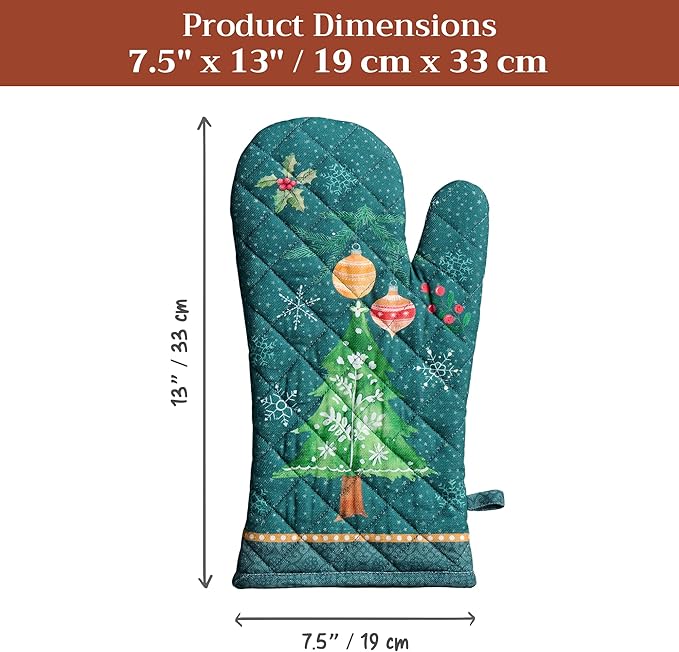 Maison d' Hermine Oven Gloves 100% Cotton Oven Mitt 7" x 13" with Loop Heat Resistant BBQ Cooking Gloves for Thanksgiving Christmas Decorations Baking Handling Hot Pans (Pack of 1, Hygge Christmas)