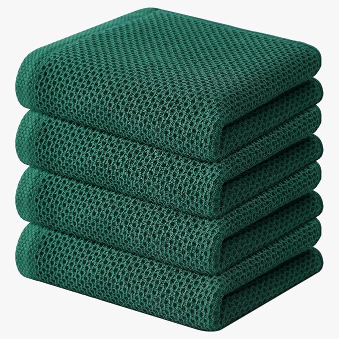 Kitinjoy 100% Cotton Waffle Weave Kitchen Hand Towels (13 X 28 Inches, Dark Green), 4-Pack Super Soft and Absorbent Dish Towel for Drying Dishes