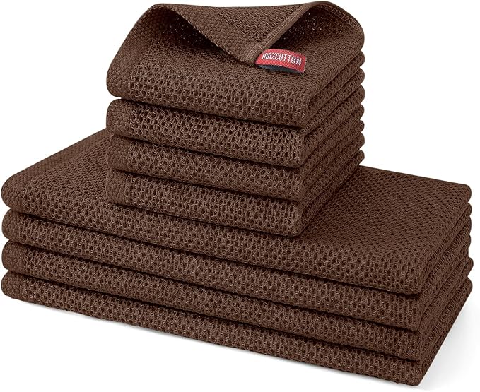 Kitinjoy 100% Cotton Kitchen Towels and Dishcloths Set, 8 Pack-13" x 28" and 12" x 12" Waffle Weave Dish Towels, Ultra Soft Absorbent Quick Drying Dish Rags, Coffee