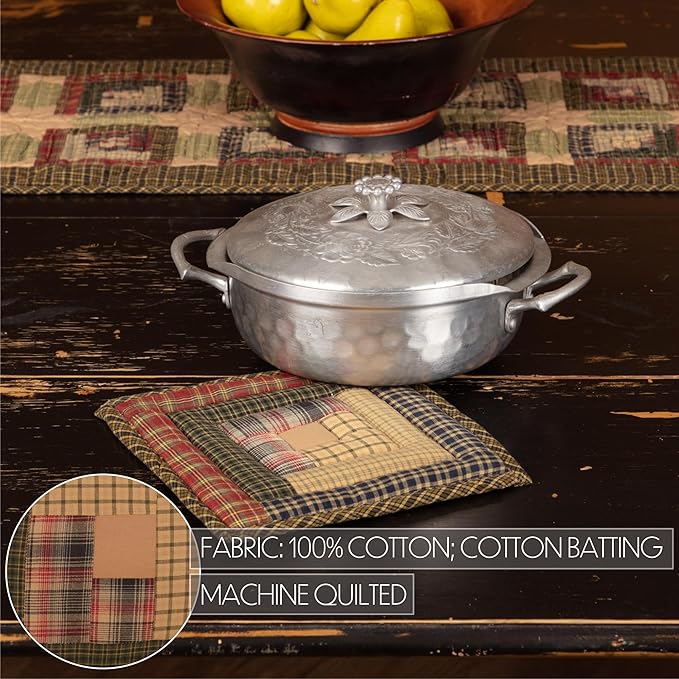 VHC Brands Tea Cabin Pot Holder Patchwork 8x8 Log Cabin Country Rustic Lodge Kitchen Tabletop Design, Moss Green and Deep Red