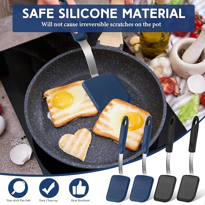 Gejoy 4 Pcs Silicone Cookie Spatula Turner Mini Brownie Spatula Flexible Silicone Spatulas Nonstick Cookware Heat Resistant No Scratch Flipper Baking Utensils for Egg Pancake(Blue, Gray)