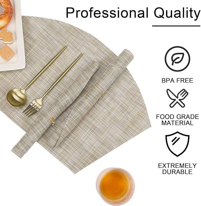 SHACOS Wedge Placemats Set of 4 for Small Round Table Woven Vinyl Curved Placemats Wipe Clean Circle Table Mats Indoor Outdoor, Beige