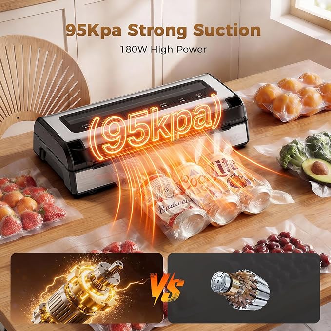Automatic Food Vacuum Sealer Machine | 180W Kitchen Vacuum Sealer for Dry, Moist & Canister Sealing | Hands-Free Suction Base, Built-in Cutter & Storage | Complete Set with 2 Rolls & 10 Bags