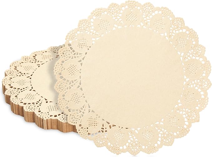 Juvale Paper Placemats - 12-Inch Round, Brown, 250 Count - Disposable Placemats & Lace Doilies - Paper Chargers for Dinner Plates - Tea Party Decorations & Wedding Table Decor