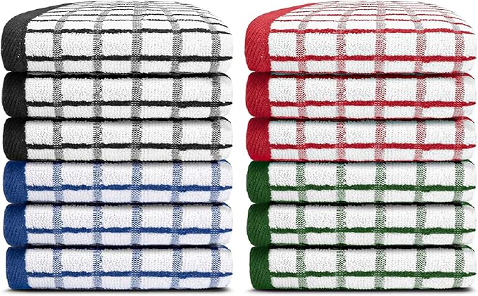 White Classic [12 Pack] Premium Dish Cloths for Kitchen - Heavy Duty Absorbent 100% Cotton 410 GSM Terry Kitchen Towels, 12x12 (Multi)