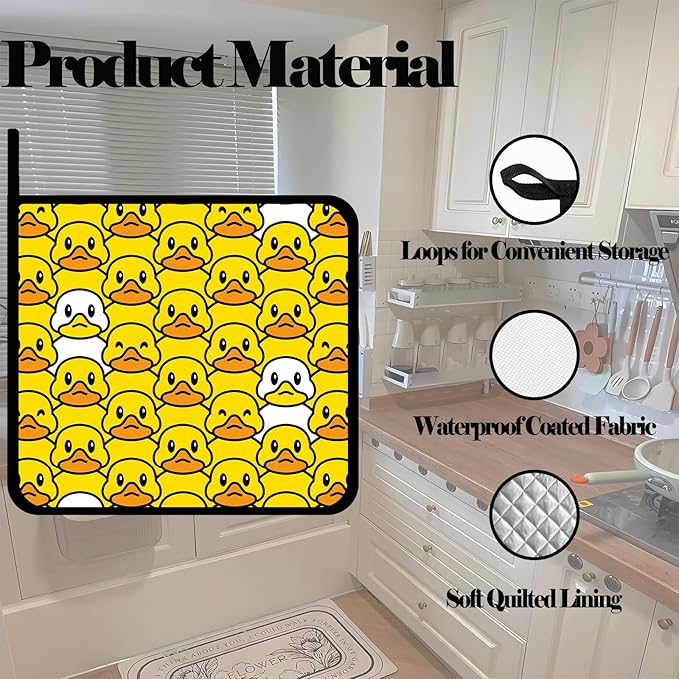 Cartoon Duck Pot Holders Set of 2,Cute Doodle Kitchen Heat Resistant Potholder for BBQ Cooking Baking,Food Hot Pad for Women Men