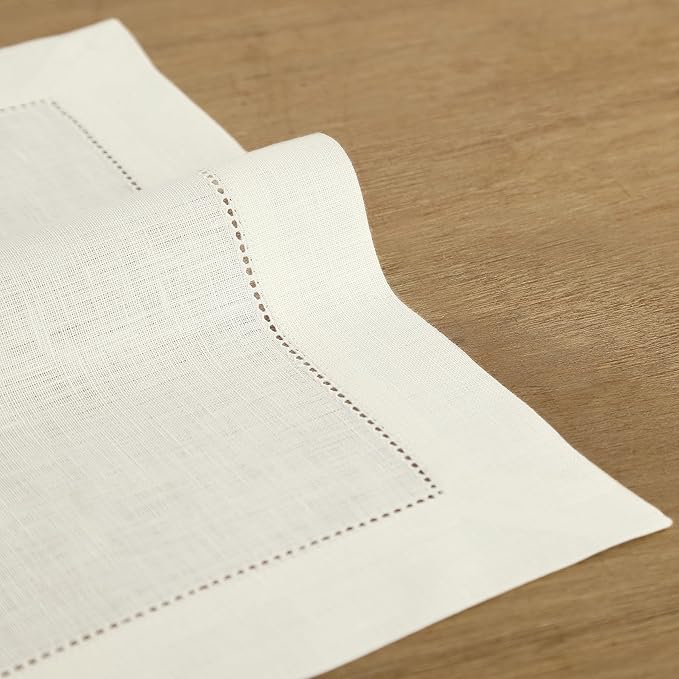 Solino Home Square Placemats Set of 4-100% Pure Linen Ivory Cloth Placemats 14 x 14 Inch - Classic Hemstitch, Machine Washable Place Mats for Spring, Summer, Mothers Day