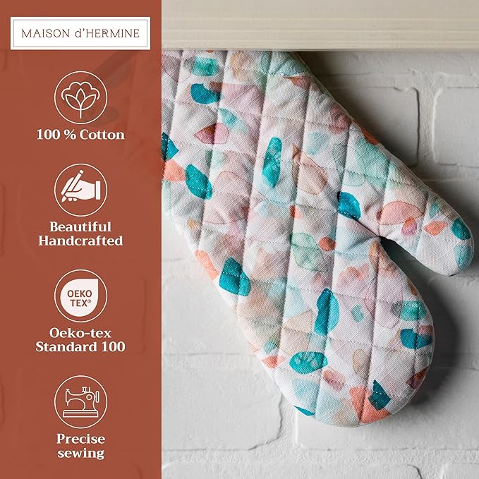 Maison d'Hermine Oven Gloves 100% Cotton Oven Mitt 7" x 13" with Loop Heat Resistant BBQ Cooking Gloves Baking Grilling Gifts for Mothers Day Spring/Summer (Pack of 1, Summer Picnic)