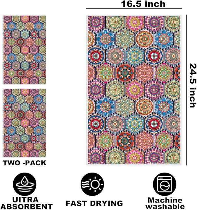 2 Pcs Ethnic Kitchen Towels, Flower Soft Absorbent Tea Hand Towel, Microfiber Dish Cloths for Drying Dishes, Waffle Dish Towels for Kitchen Bathroom Clearance Decor, Housewarming Gifts for Women