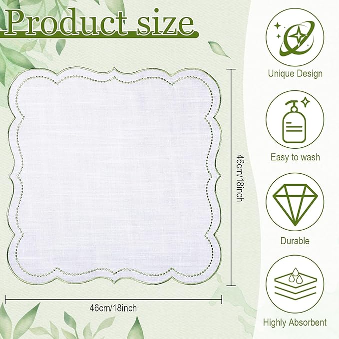 Hahafelt 6 Set Cloth Napkins 18x18inches Scalloped Embroidery Cloth Napkins Washable Polyester Table Dinner for Hotel Restaurant Weddings Events Parties (Sage Green)