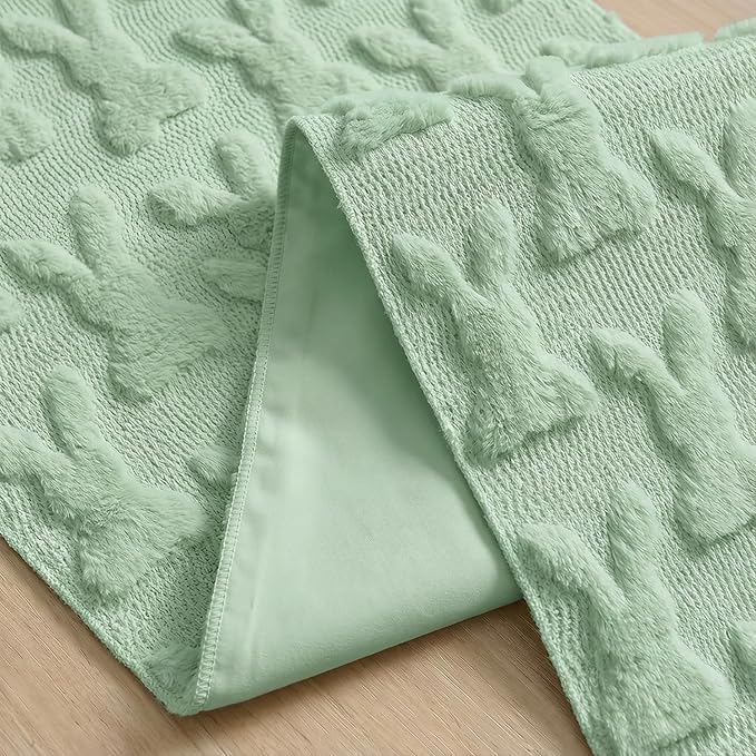 Artoid Mode Sage Green Soft Plush Faux Fur Jacquard Bunny Rabbit Easter Table Runner, Seasonal Kitchen Dining Table Decoration for Home Party Decor 13x72 Inch