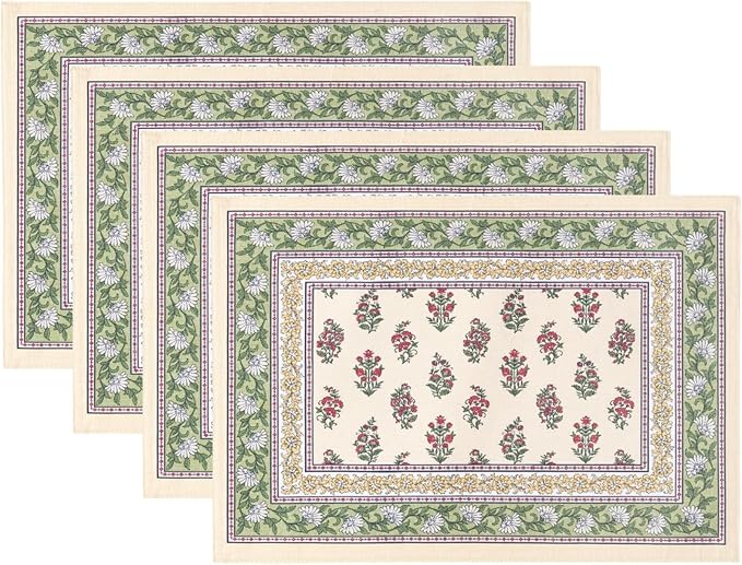 Elrene Home Fashions Nomad Harvest Block Print Fall/Thanksgiving Cloth Dining Rectangle Placemats, 13"x19", Set of 4