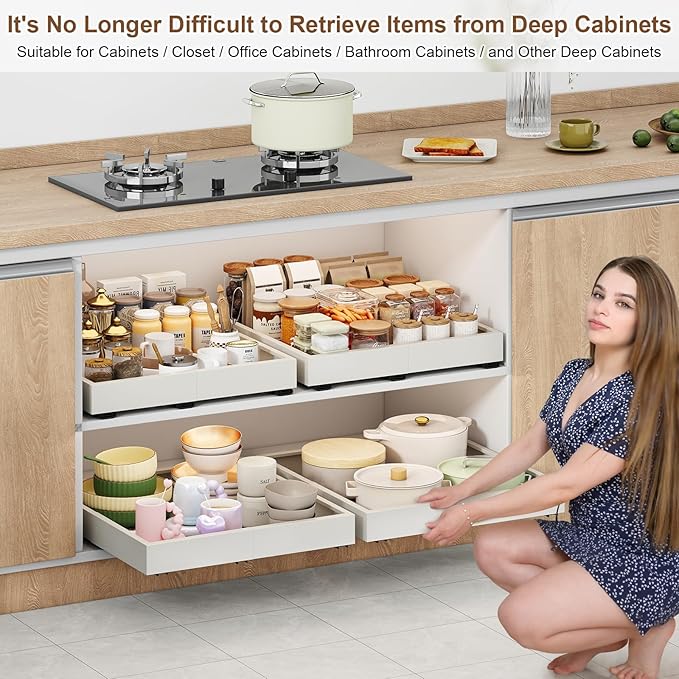 Pull out Cabinet Organizer,Width (14"-21") and Depth (17"-24") Expandable With 3 Rails,No Drill Adjustable Slide out Drawers for Kitchen,Pantry,Adhesive Roll out Shelves,for Cabinets Without Lip,White
