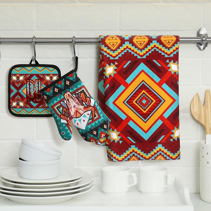 Jingmore 6 Pcs Kitchen Decor Set Accessorie Farmhouse Kitchen Towels Pot Holders Oven Mitts Set 2 Dish Towels 2 Pot Holders 2 Cooking Mittens Oven Glove for Cooking(Retro Color,Western Boho Aztec)