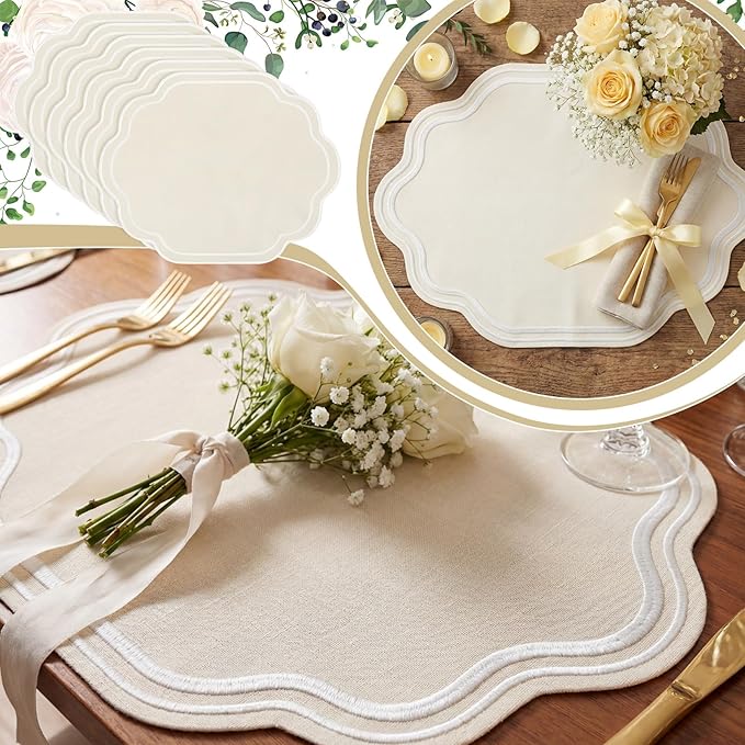 Breling 6 Pcs Wedding Placemats Scalloped Embroidered Cotton Linen Placemats 17" x 13" Double Layered Machine Washable Table Place Mat for Party Table Decor (Creamy Ivory)