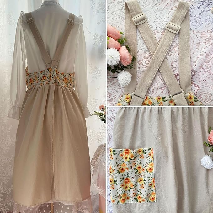 Uaussi Cotton Linen Apron Cross Back Work Apron for Women with Pockets Pinafore Dress X Cross Halter Apron for Chef Gardening