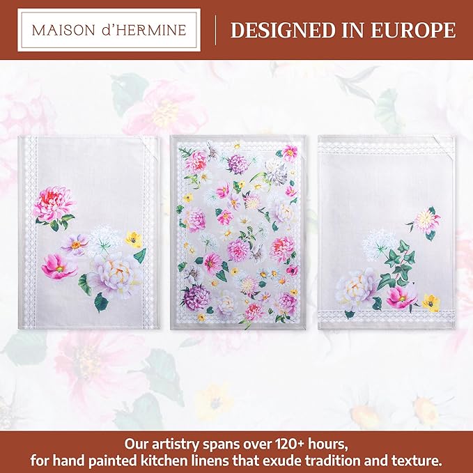Maison d' Hermine Kitchen Towels Set of 3 100% Cotton 27.50" x 20" Reusable Cloth Tea Dish Towels Absorbent with Hanging Loop for Kitchen Gifts for Mothers Day Spring/Summer (Pivoine)